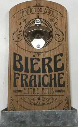 décapsuleur a biere mural, bac à capsules en zinc 15.5x7x30 cm